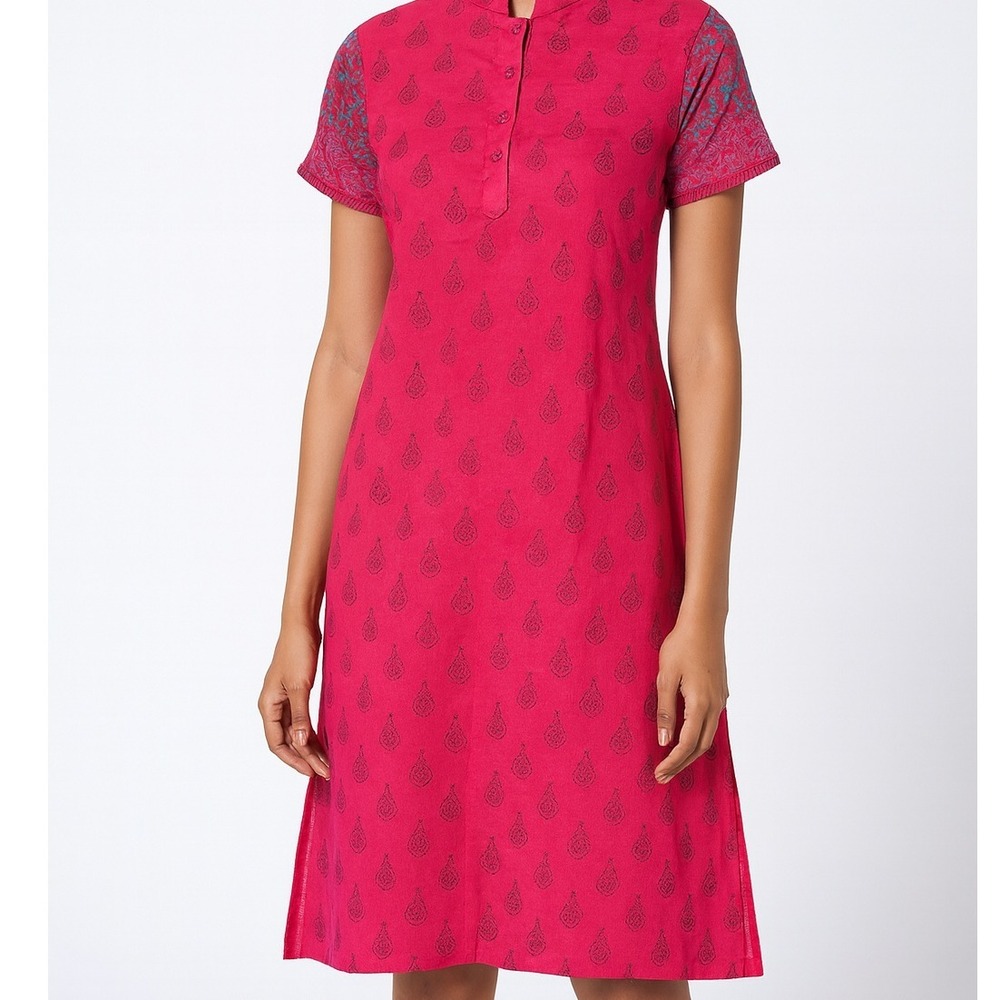 Aarong Pink Paisley Print Short Sleeve V Neck Kurti Tunic Top Bangladesh Size 36